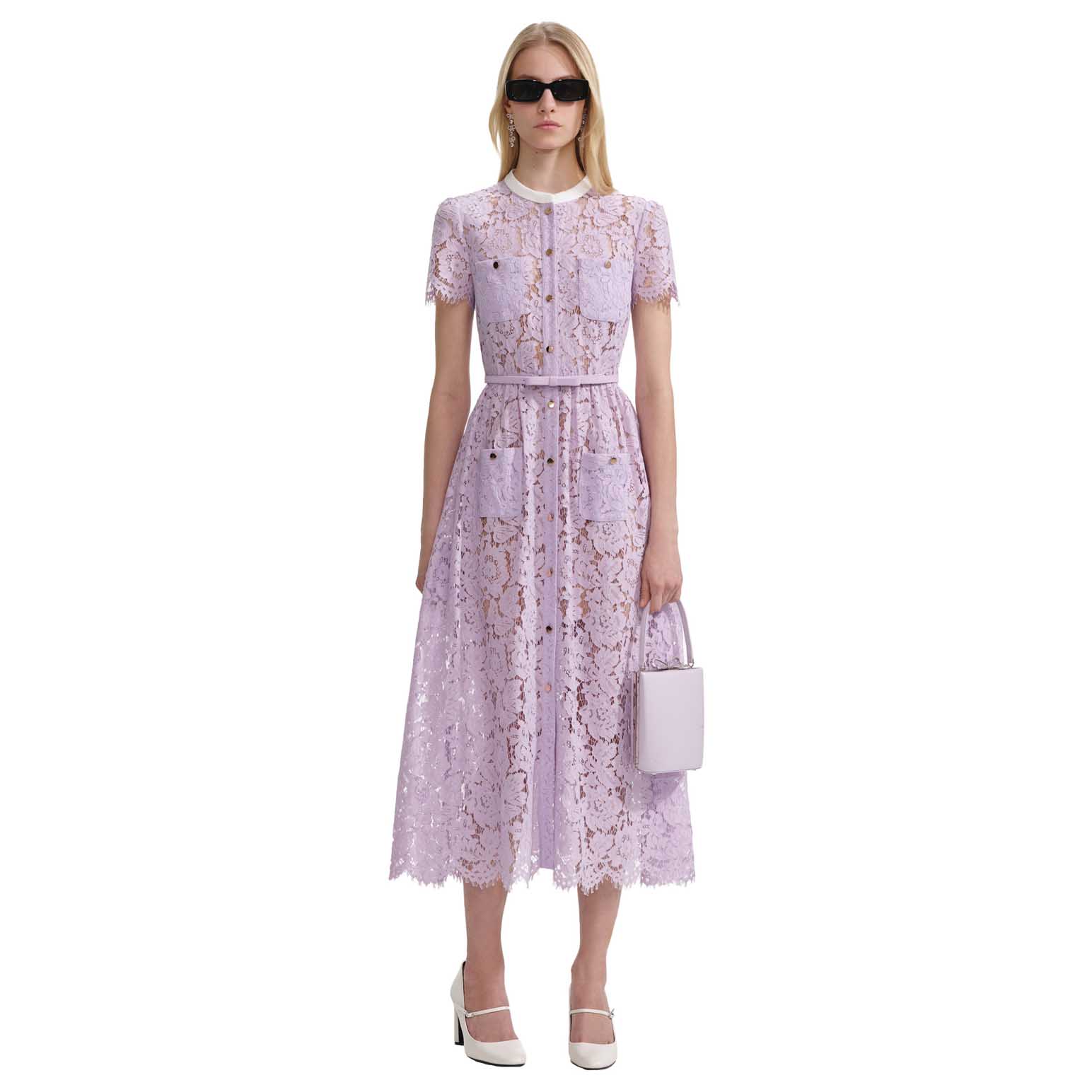 Self Portrait Lilac Lace Button Front Midi Dress