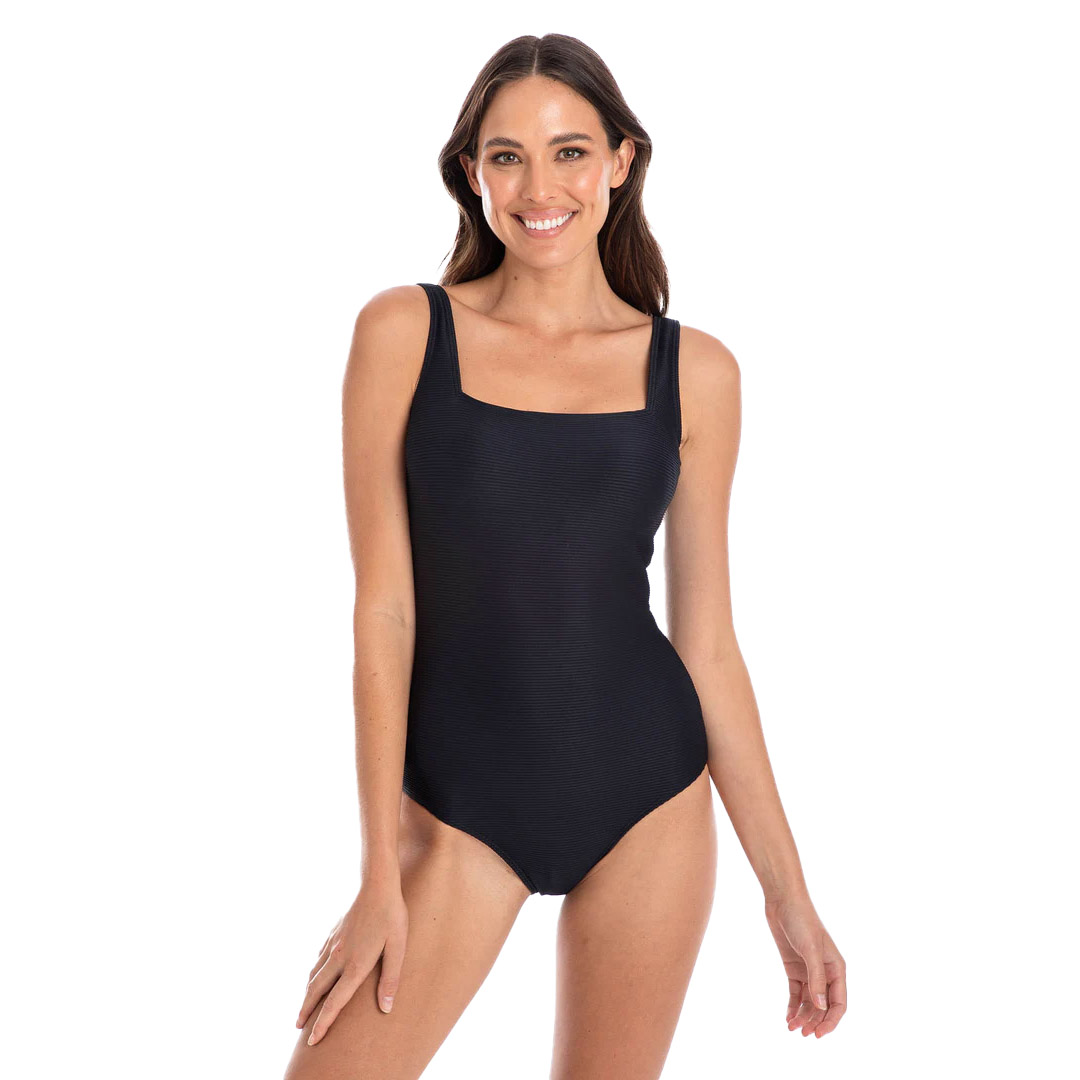 Togs Textured Black Square Neck One Piece Swimsuit