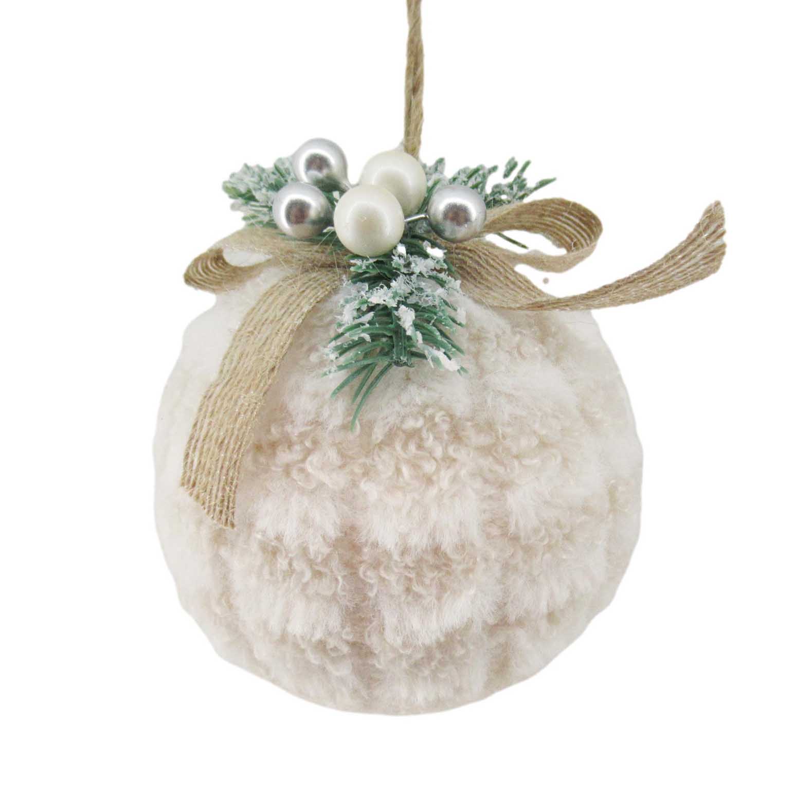 Faux Fur Ball With Jute Bow & Bead 4 Inch