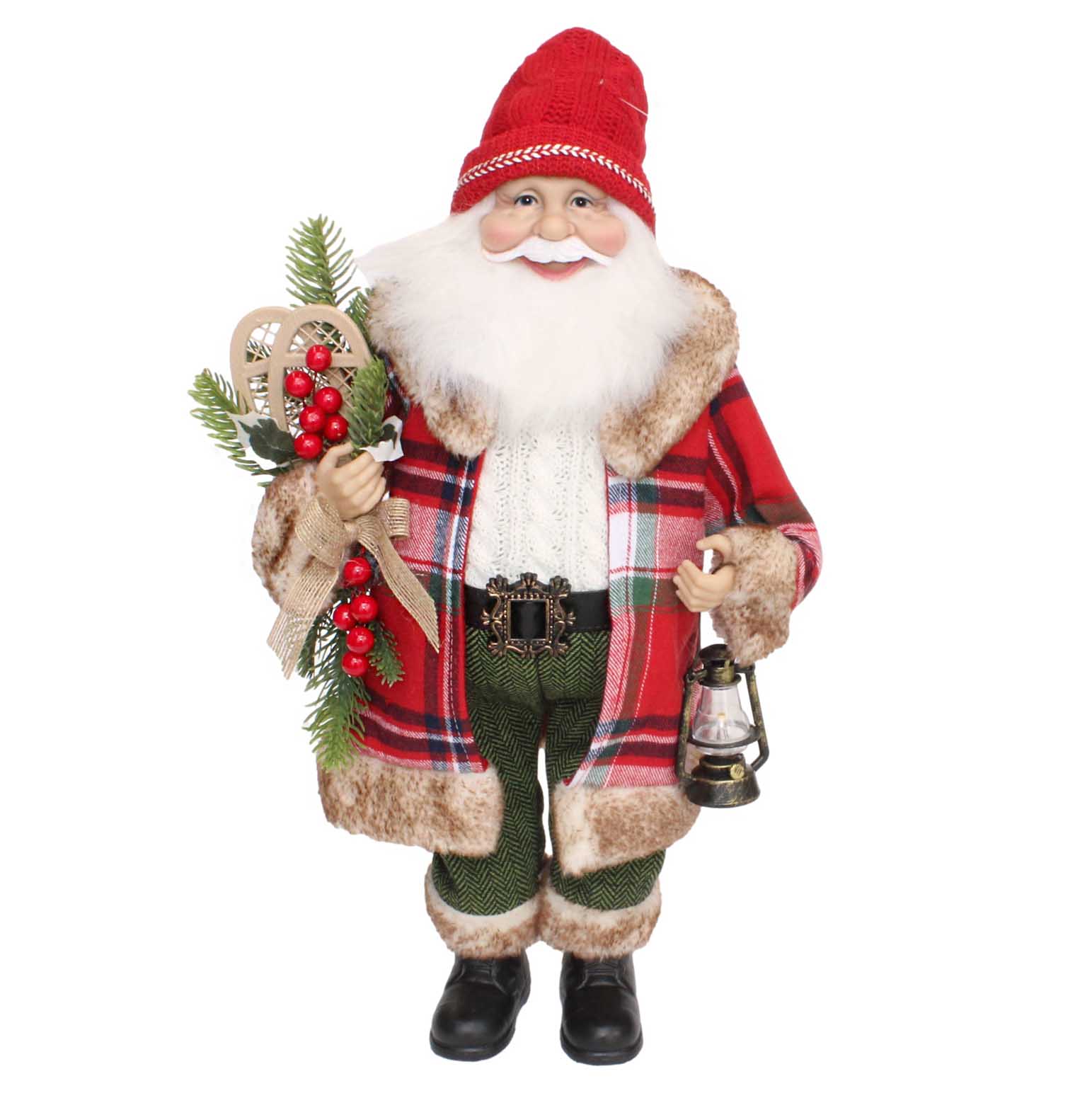 Santa Plaid Coat With Fur Trim & Red Beanie 18 Inch