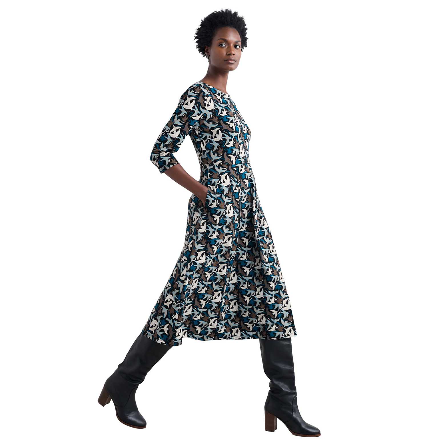 Seasalt Cornwall 3/4 Wild Bouquet Dress Swooping Birds Onyx