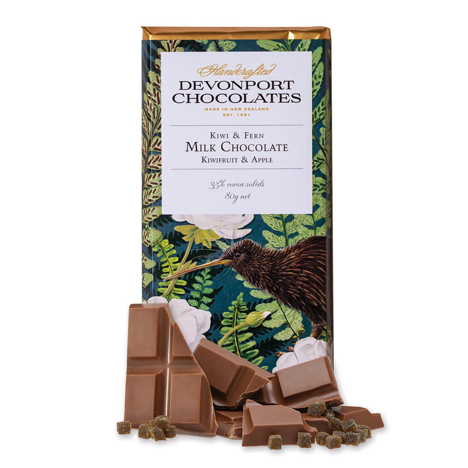 Devonport Chocolates Kiwi & Fern Milk Chocolate with Kiwifruit 80g