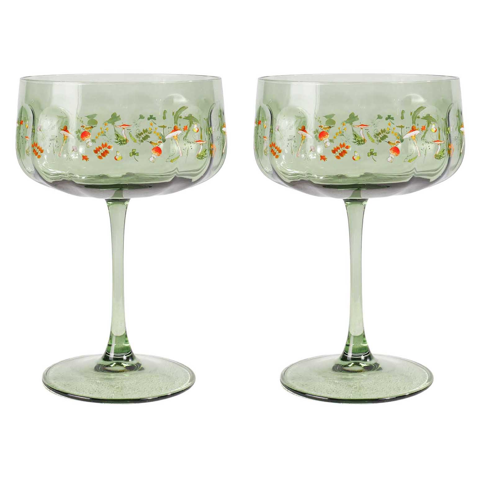Urban Products Enchanted Garden Floral Coupe Glass Green 16cm Set Of 2
