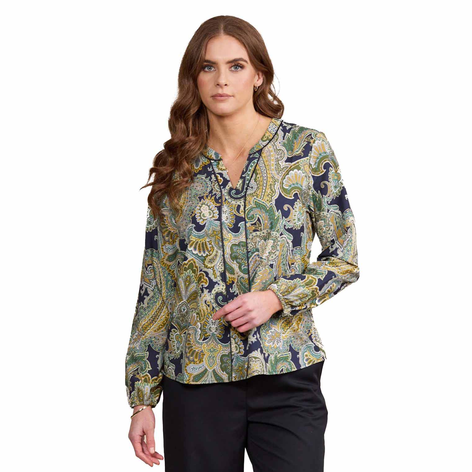 Vassalli V Neck Long Sleeve Top With Front Piping Detail