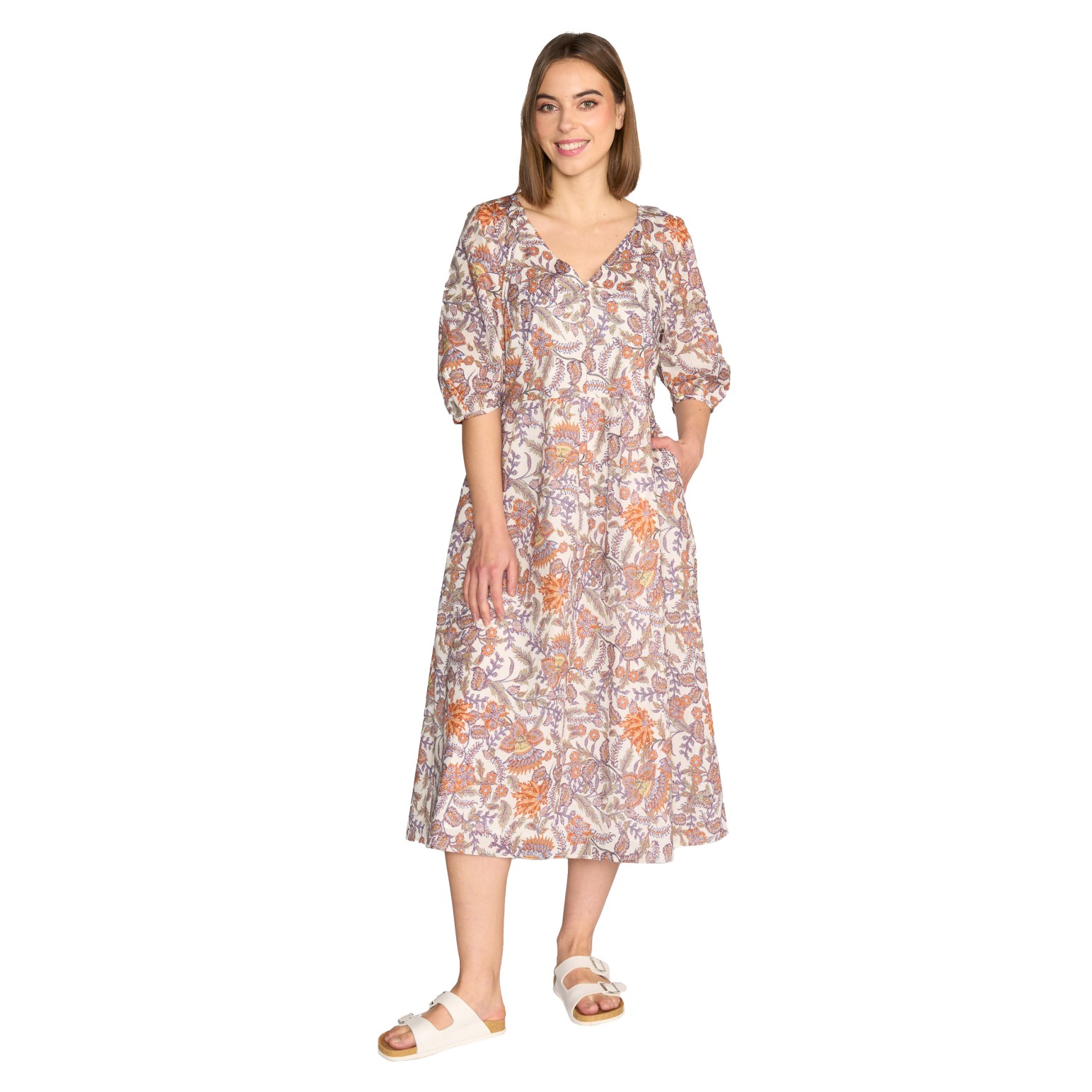 Vassalli V Neck Dress With Pleat Sleeve Detail And Side Pockets