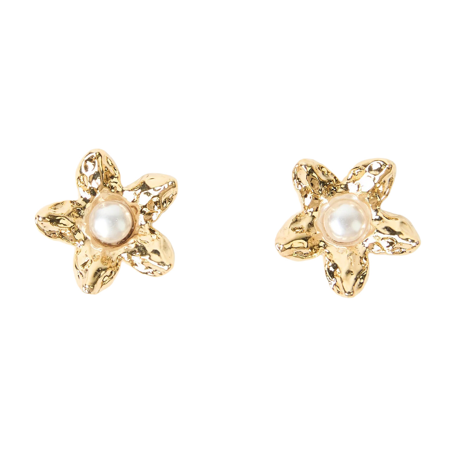Stella + Gemma Earring Gold Beaten Flower with Pearl Centre