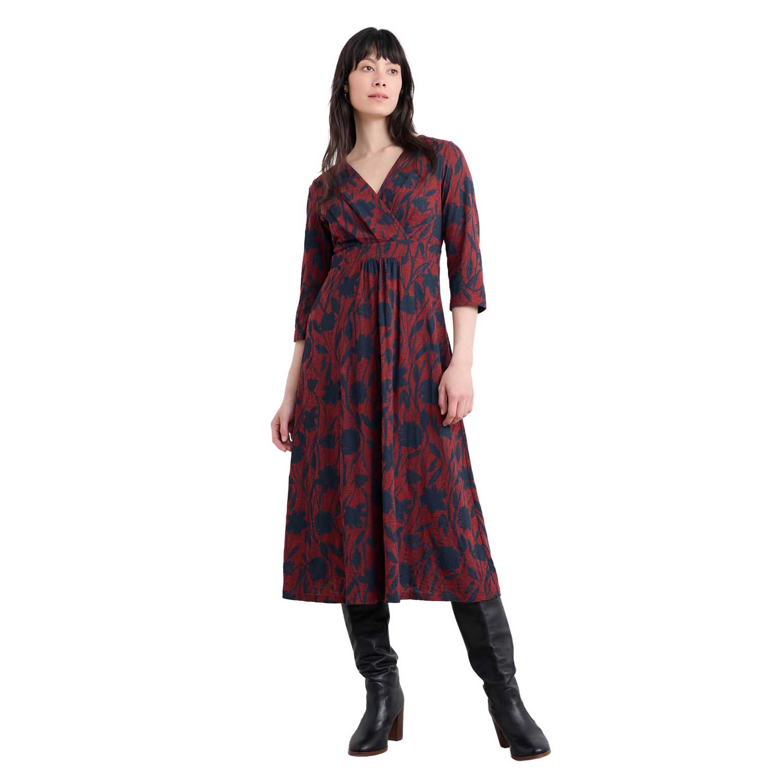Seasalt Cornwall 3/4 Chapelle Dress Windswept Floral Burgundy