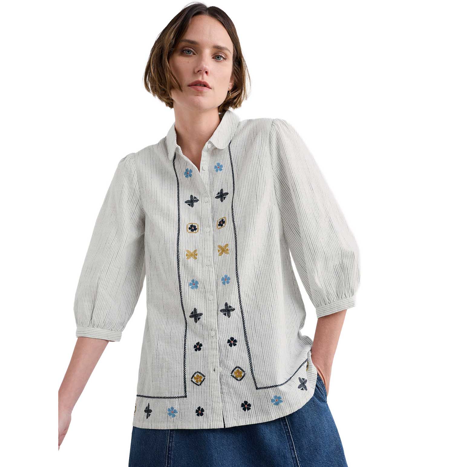 Seasalt Cornwall Hope Cottage Emb Blouse Simplicity Stripe Chalk Mari