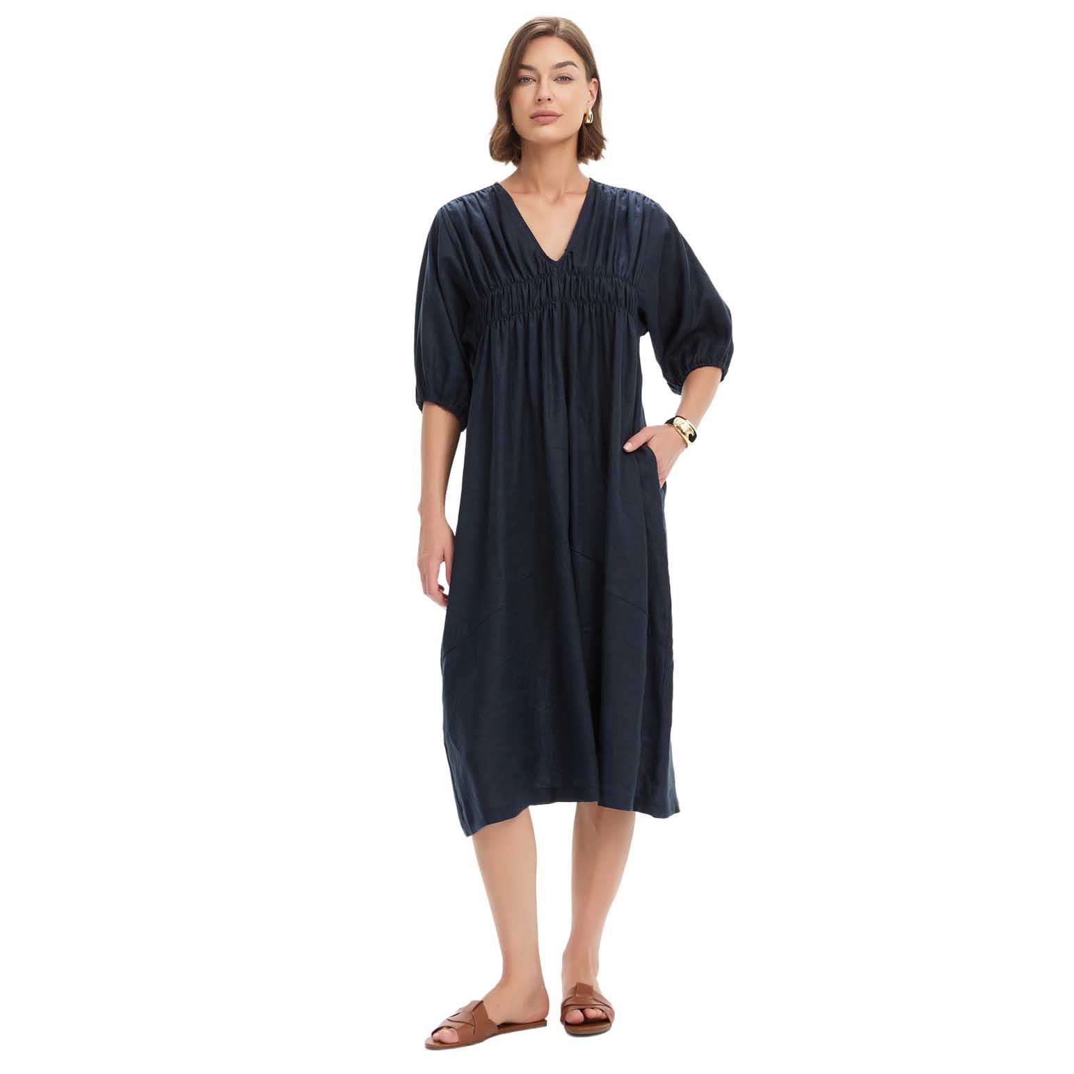 TIRELLI Puff Sleeve Gather Front Dress