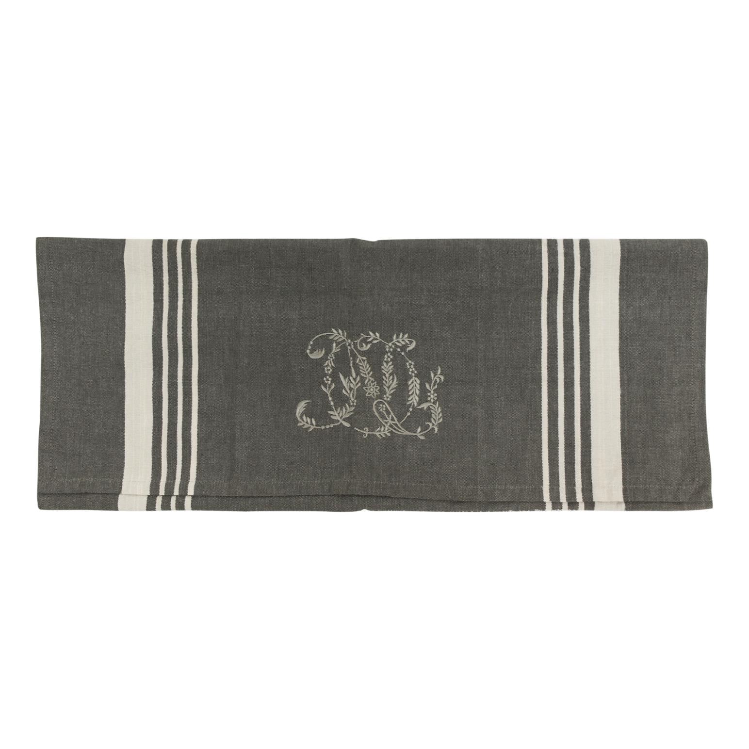 French Country Charcoal with White Stripe Monogram Teatowel