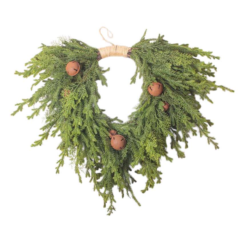 French Country Pine Heart Wreath with Bells Small