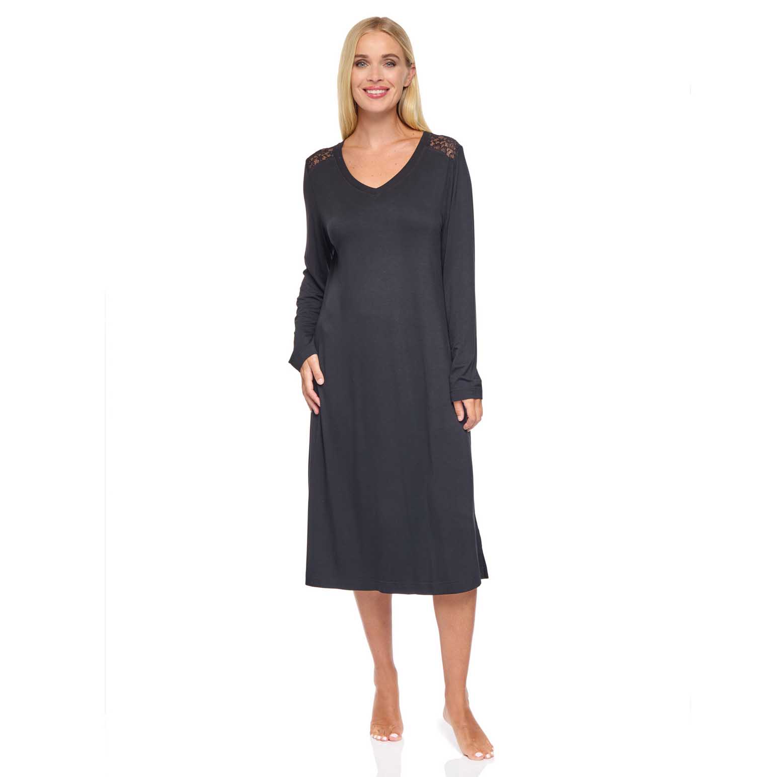 La Marquise Ebony Flora Jersey Bamboo Long Sleeve Nightdress