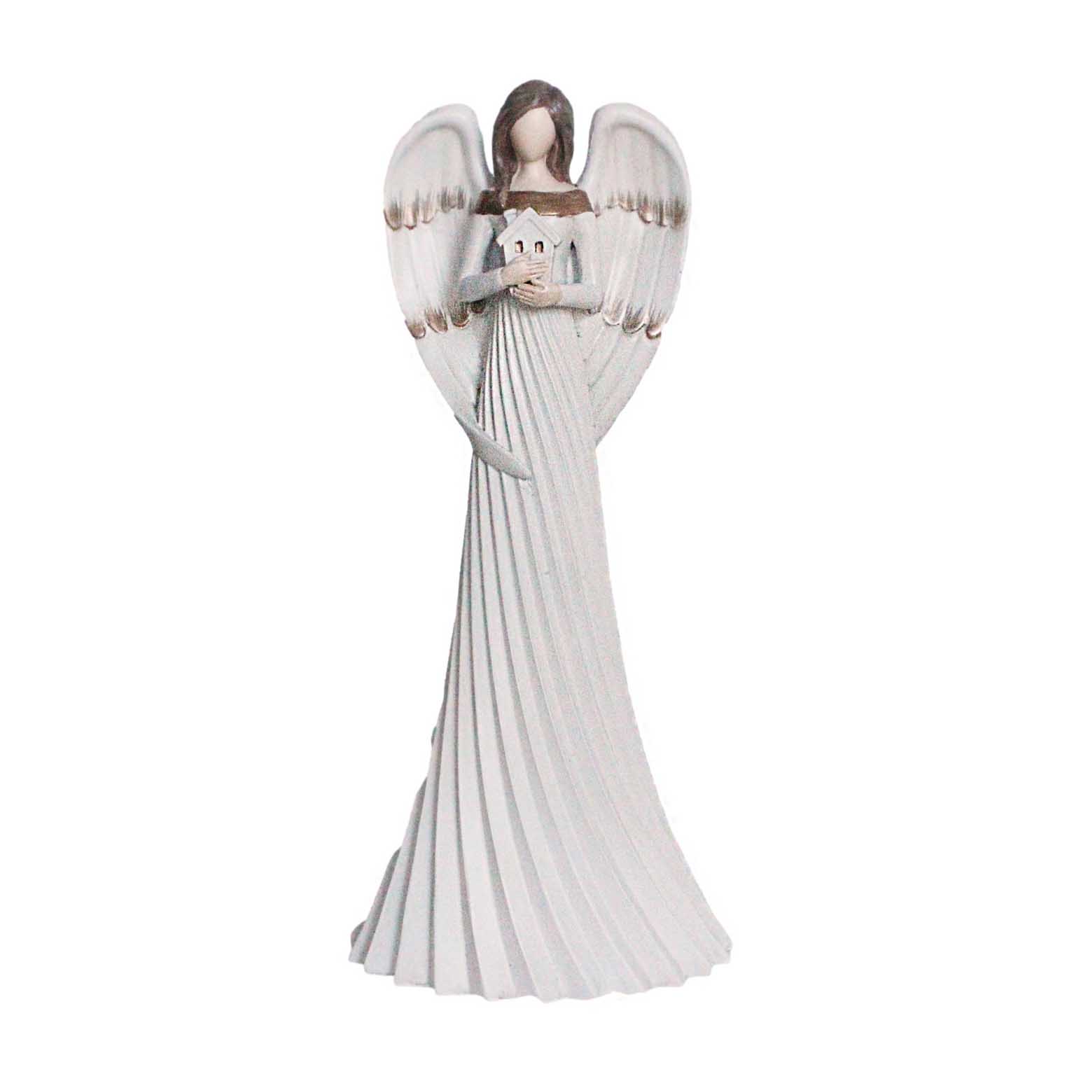 Angel With Bird House & Fluted Skirt Cream 25cm
