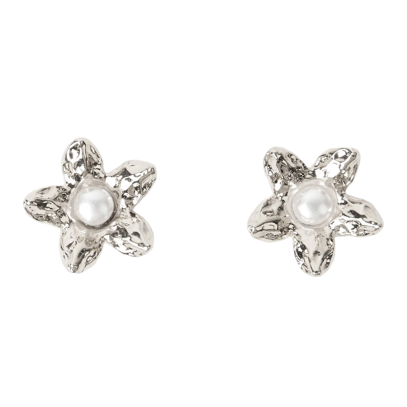 Stella + Gemma Earring Silver Beaten Flower with Pearl Centre