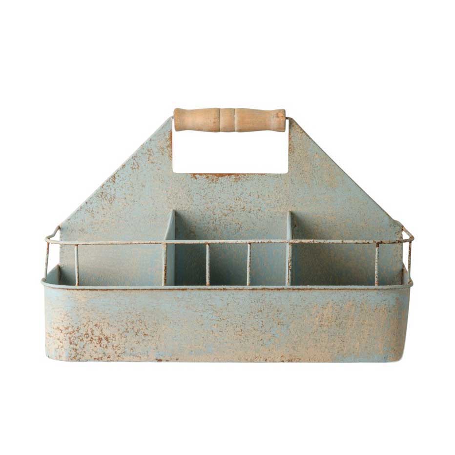 French Country Vintage Metal Seed Crate Antique Blue