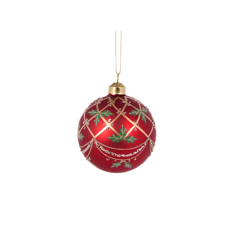 Holly & Ivy Intricate Red Check Holly Bauble