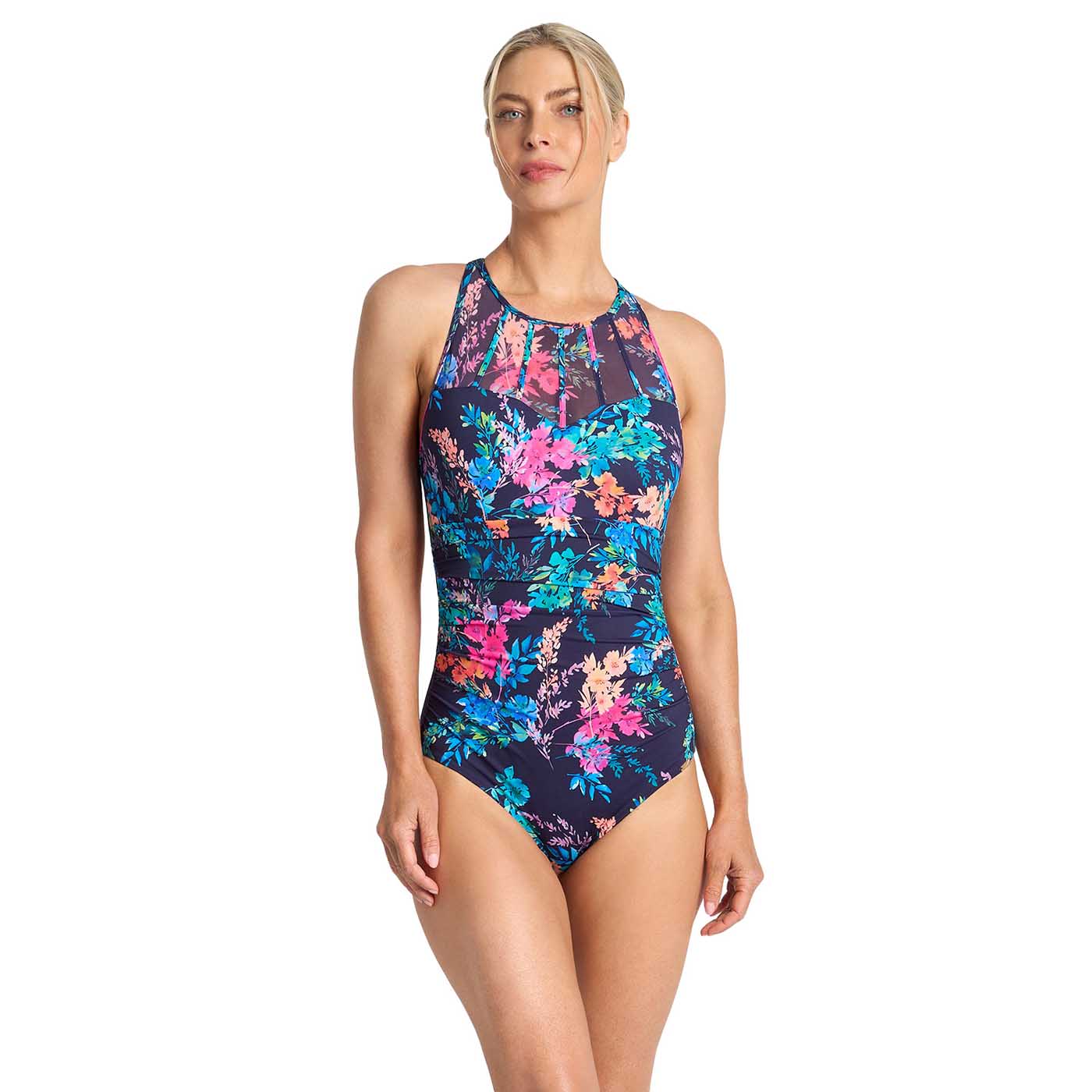 Jantzen Fresia Hi Neck Cross Strap Mast One Piece Navy