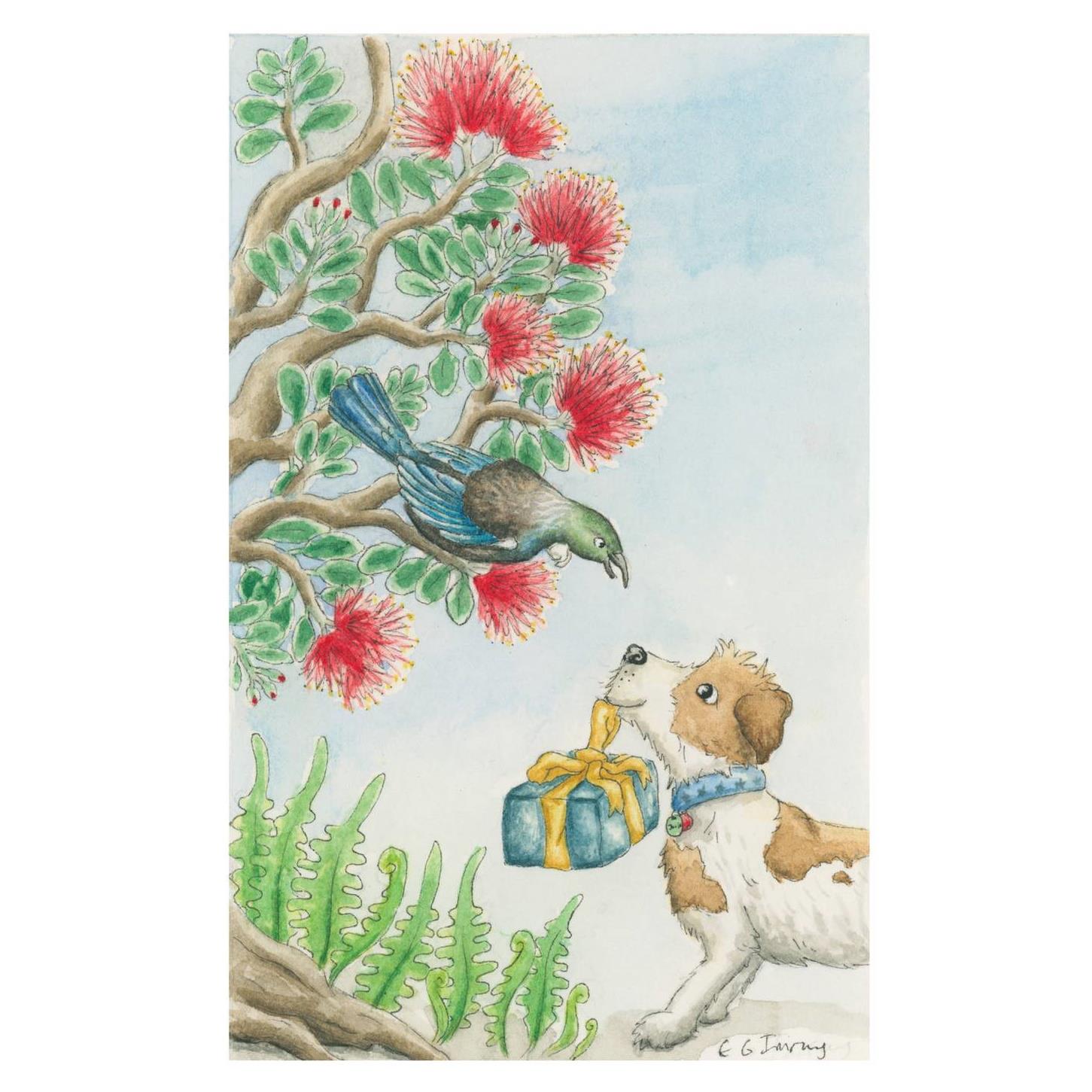 Tui in Tree & Dog with Present Card
