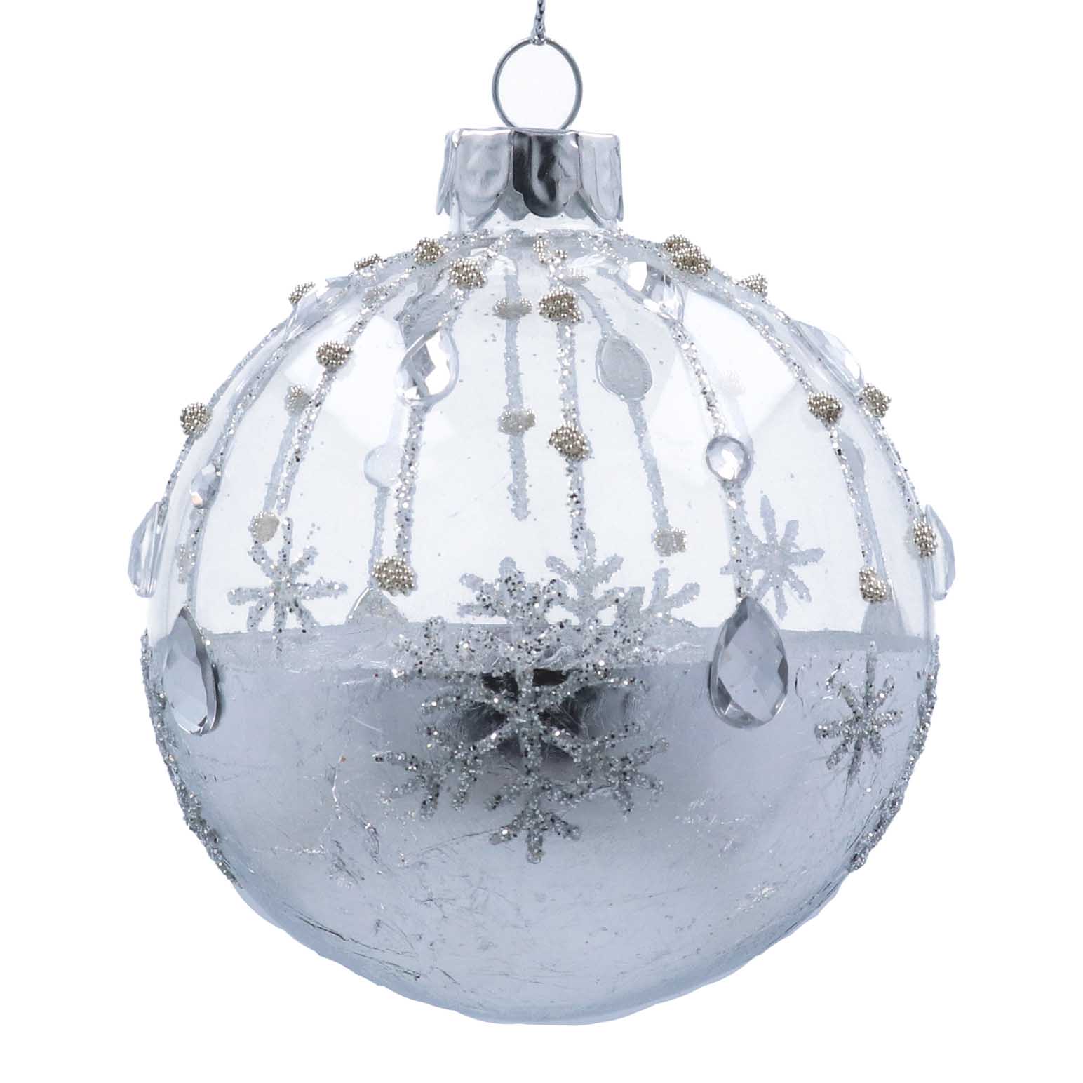 Gisela Graham Clear & Silver Jeweled Stripe Glass Ball