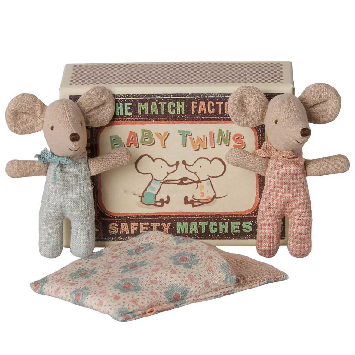 Maileg Twins Baby Mice in Matchbox Checker