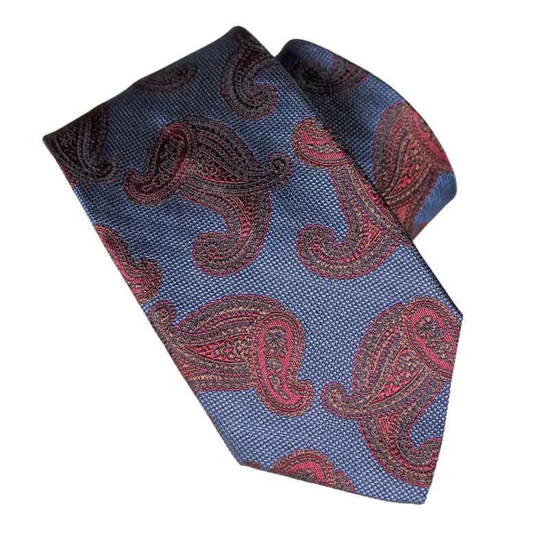 Monti Castello 100% Silk Tie - Ruby Red Paisley Motif On Blue