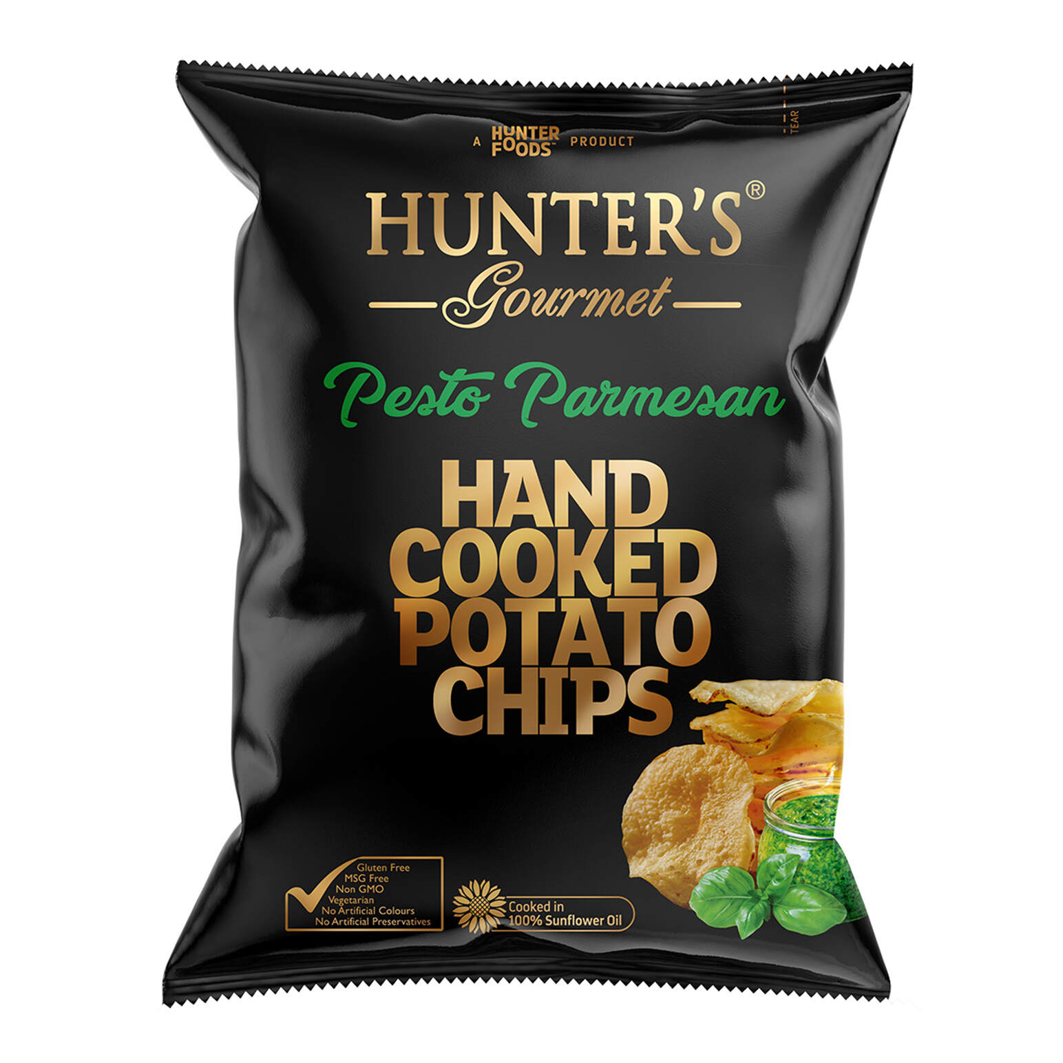 Hunter's Gourmet Hand Cooked Potato Chips Pesto Parmesan Bag 125g