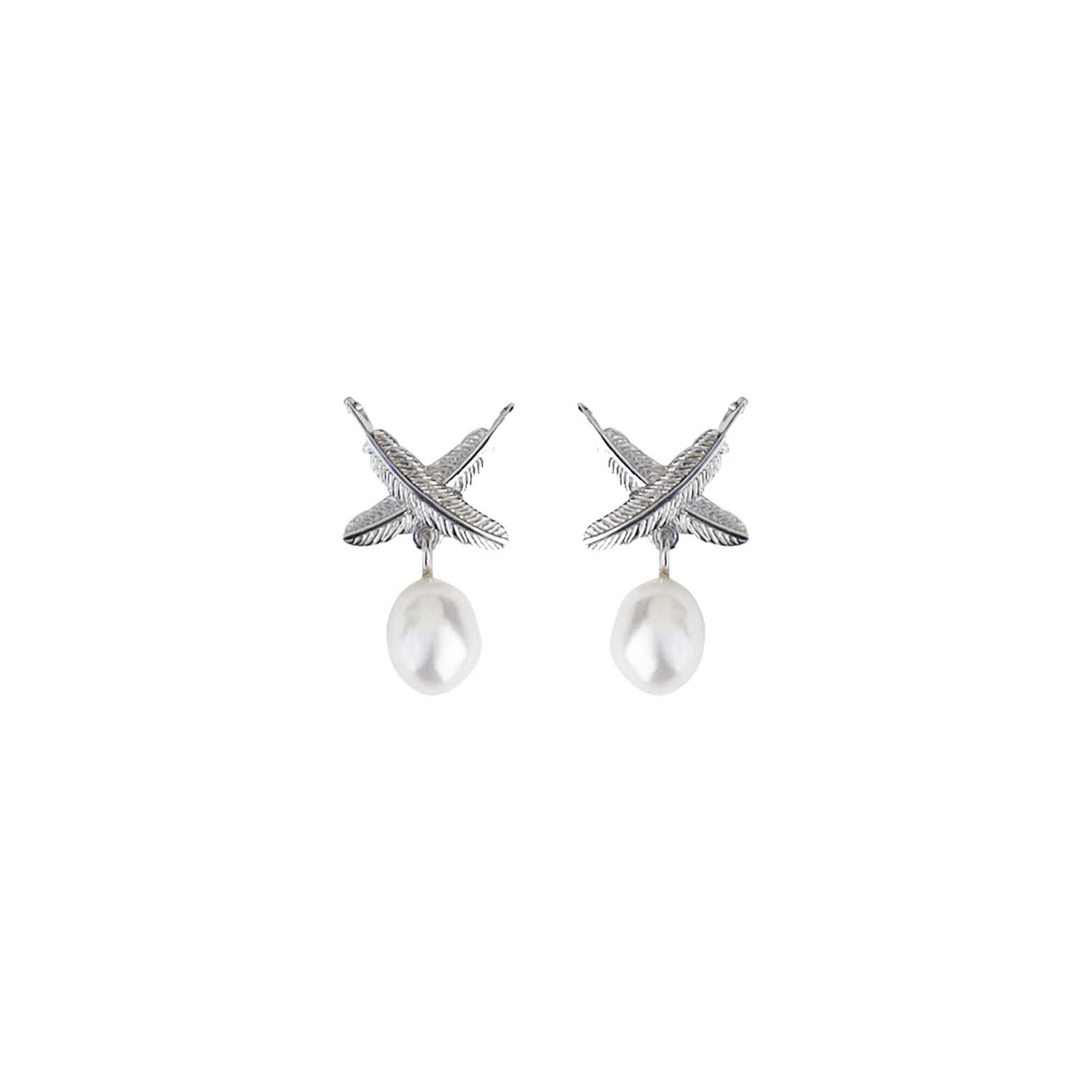 Boh Runga Feather Kiss Pearl Stud Earrings Silver