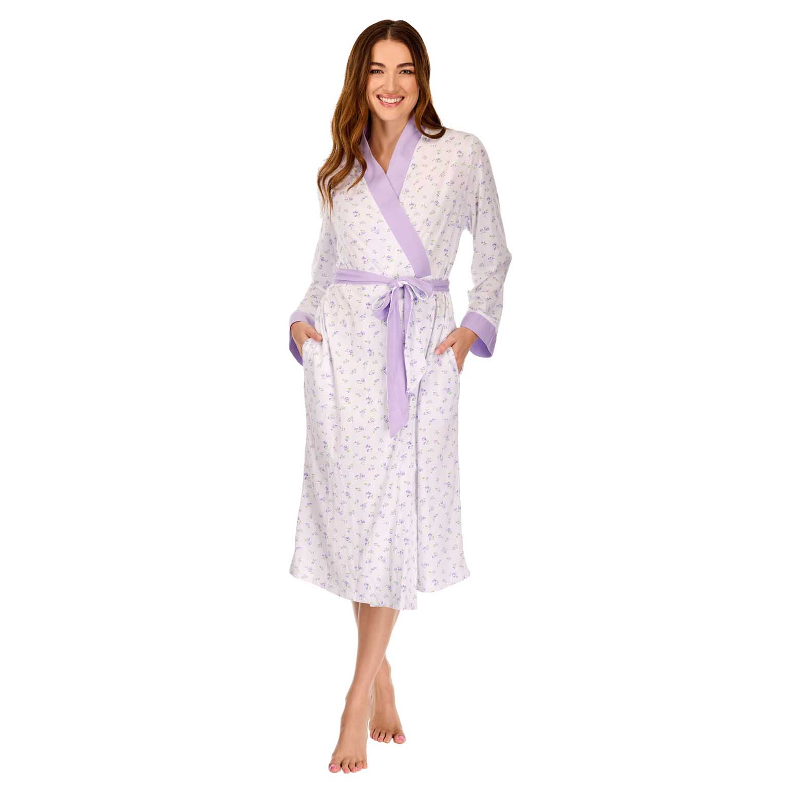 La Marquise Vintage Blossoms Cotton-Rich Jersey Long Sleeve Wrap Robe
