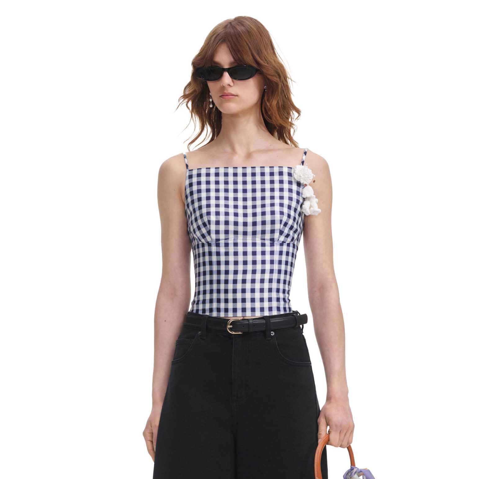 Self Portrait Navy Gingham Taffeta Top