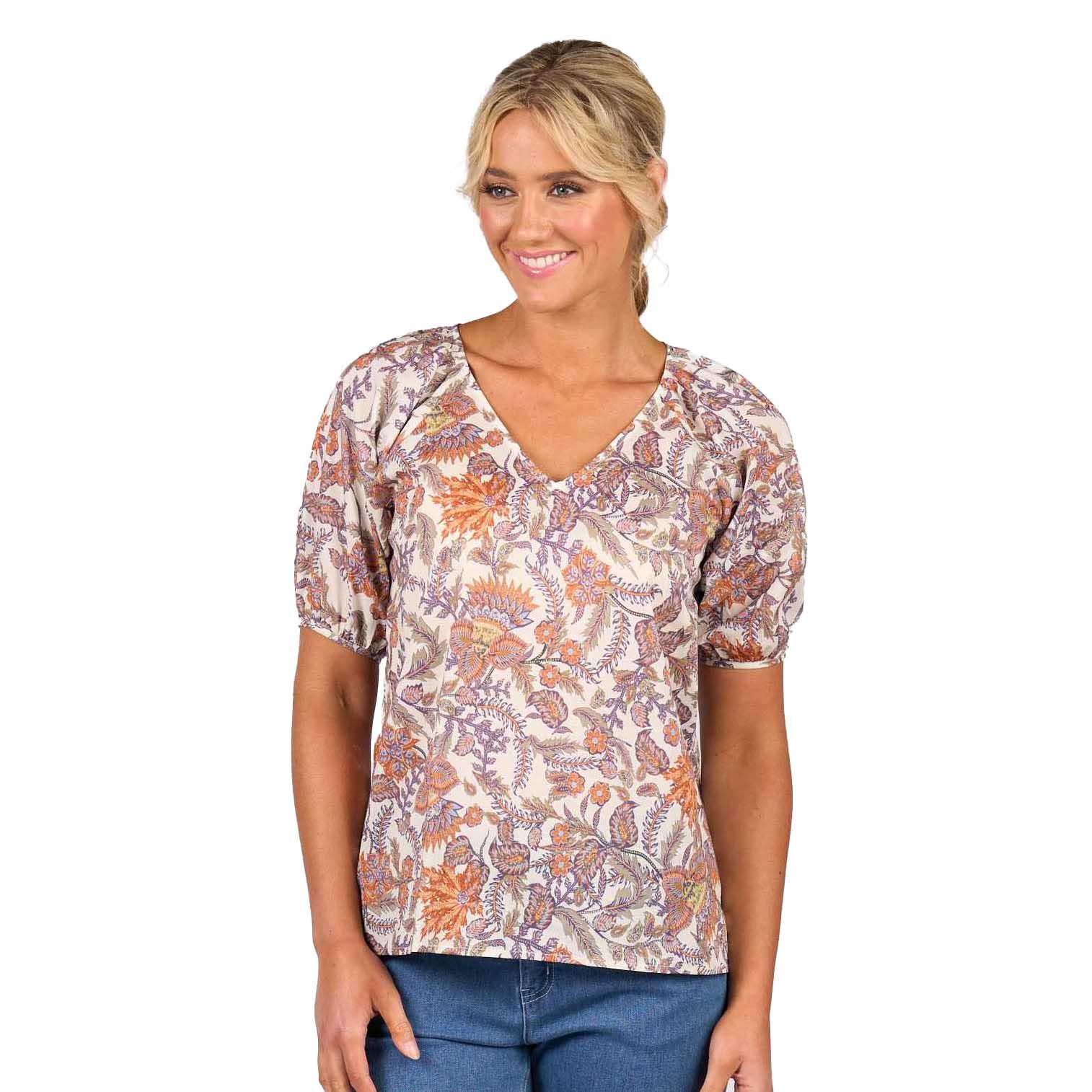 Vassalli Printed V Neck Top With Floaty Sleeve