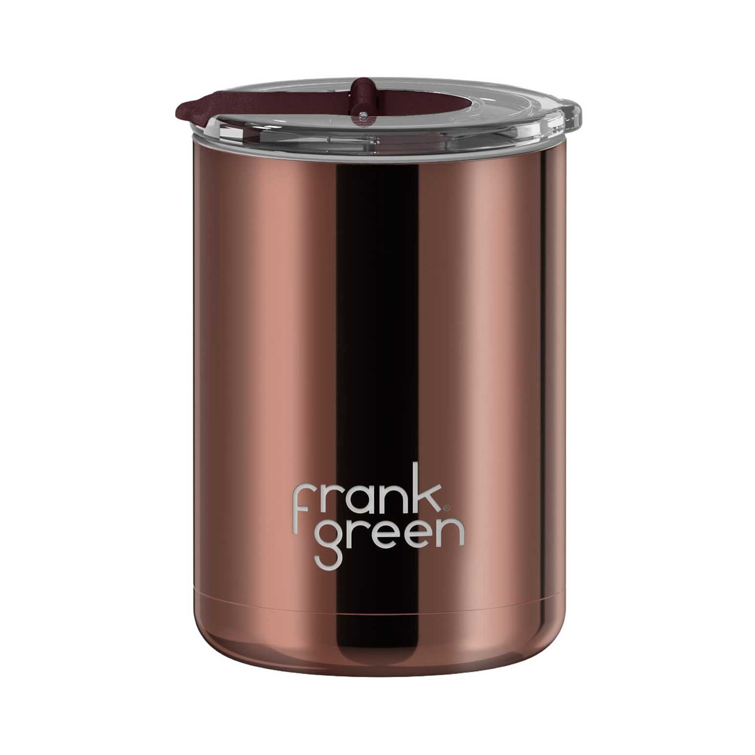 frank green 12oz Coffee Cup w Hinged Screw Lid Chrome Chocolate