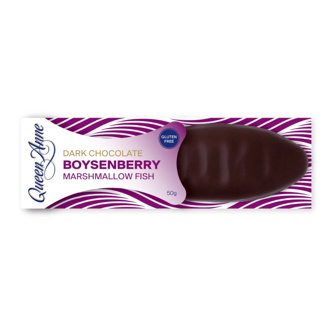 Queen Anne Dark Chocolate Boysenberry Marshmallow Fish 50g