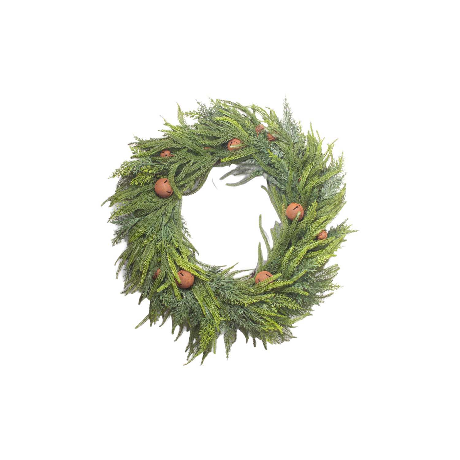 French Country Mixed Pine Wreath Brown Velvet Bows and Bells