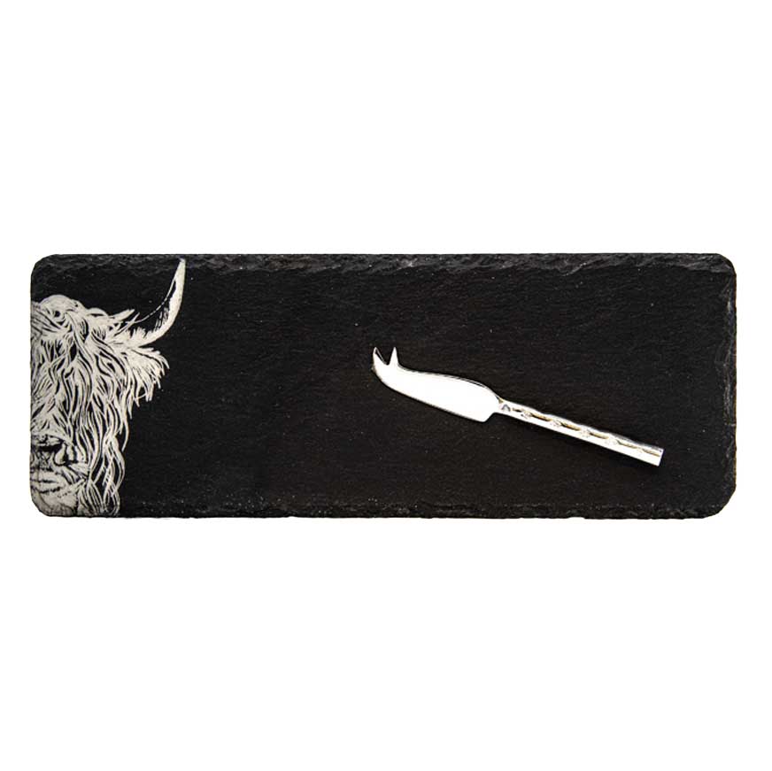 Selbrae House Single Mini Slate Cheese Board & Knife Set - Highland Cow