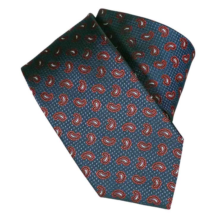Monti Castello 100% Silk Tie - Red Wine Paisley Motif On Navy