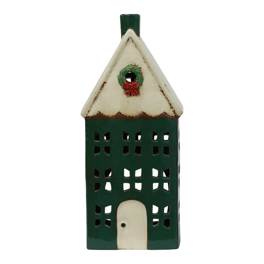 French Country Christmas Tea Light House Green with Wreath Large
