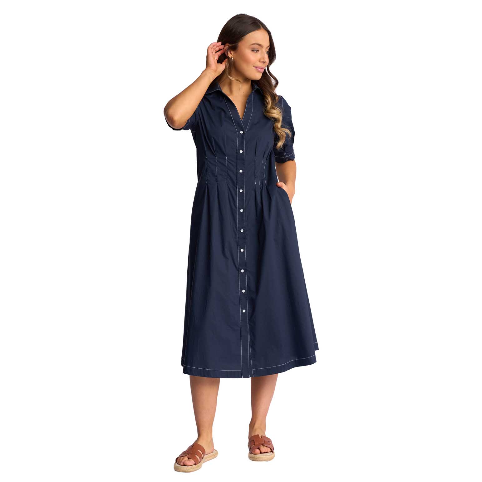 Vassalli Shaped Waist Button Up Dress With Pockets