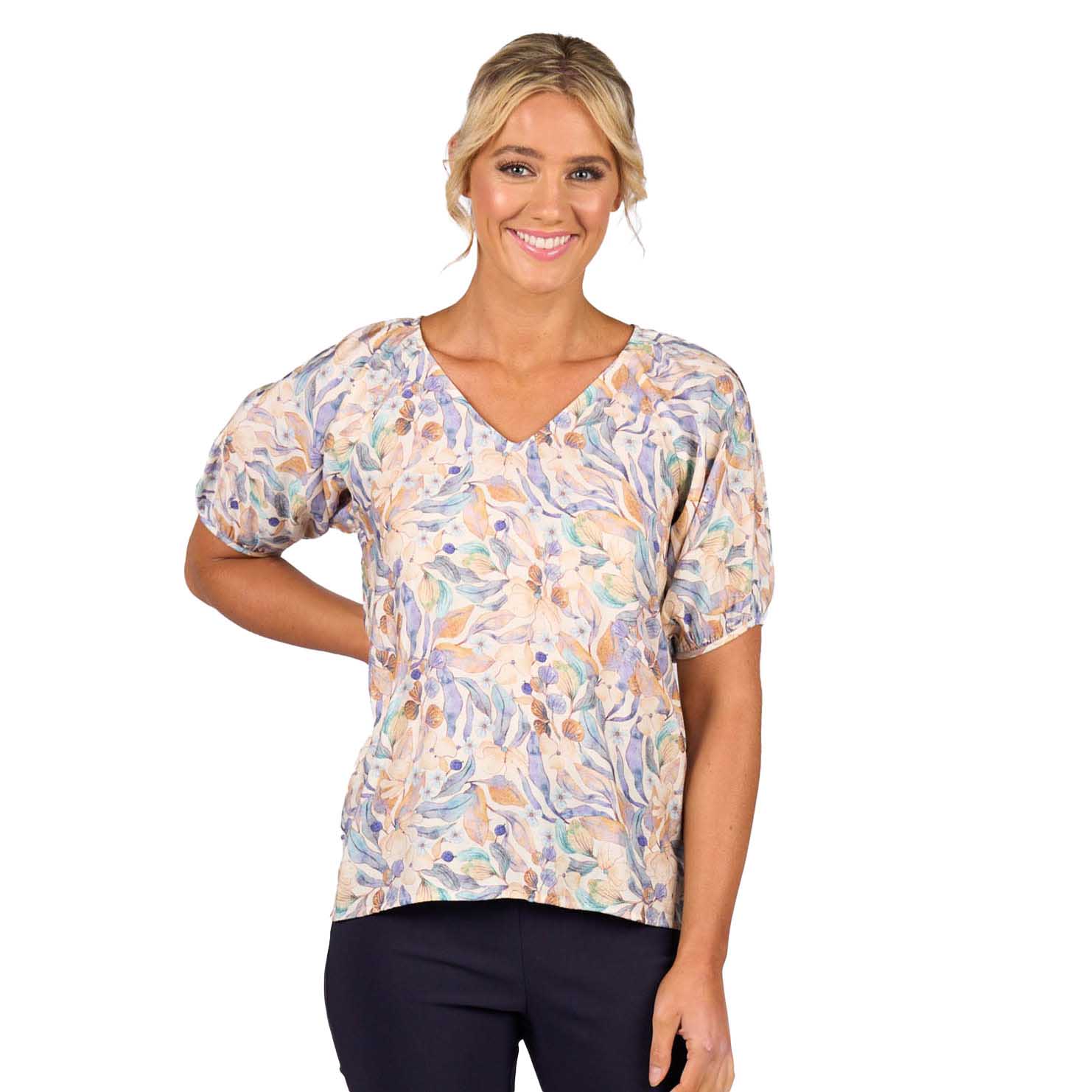 Vassalli Printed V Neck Top With Floaty Sleeve