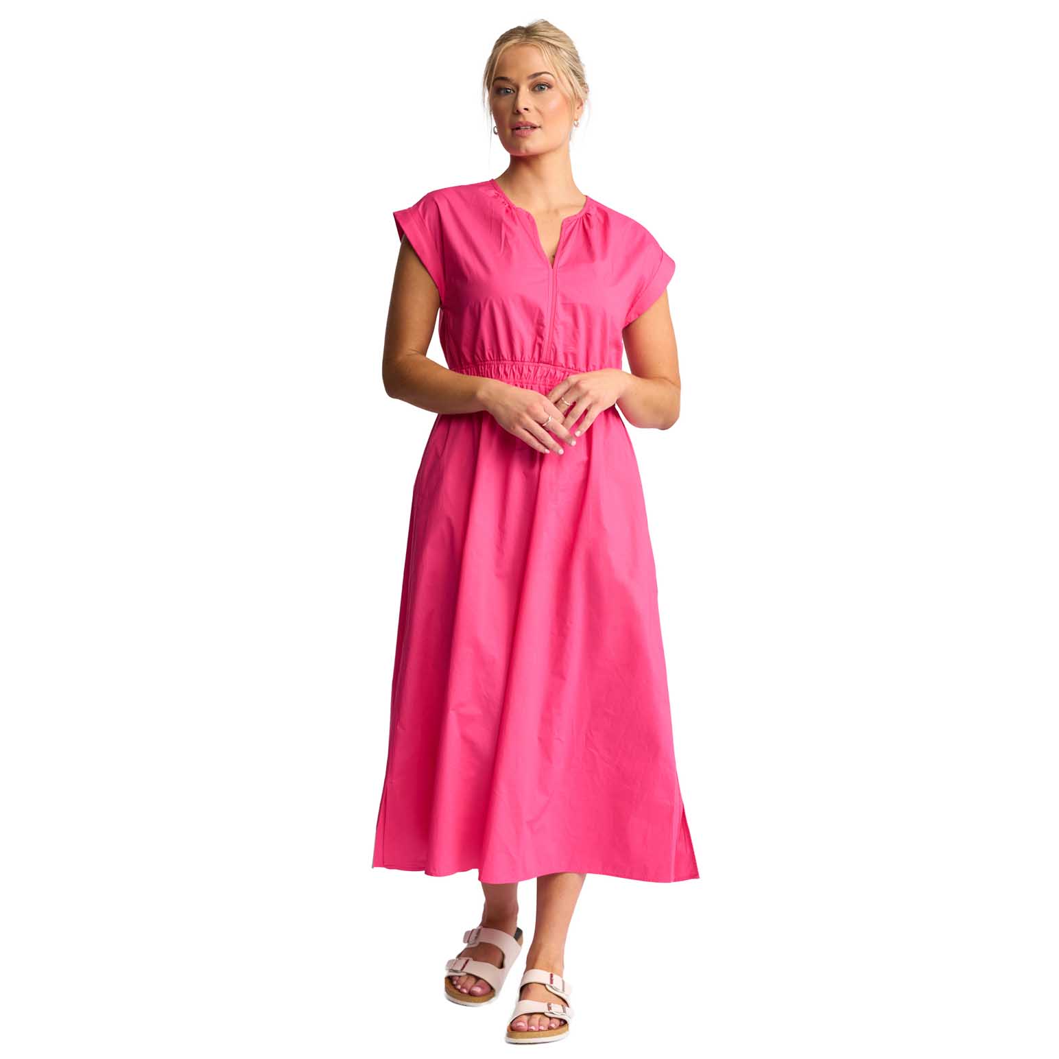 Vassalli V Neck Shirred Waist Dress With Contrast Trim And Pockets