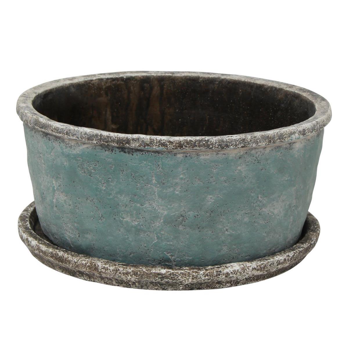 French Country Sea Blue Wide Plant Pot & Saucer Large