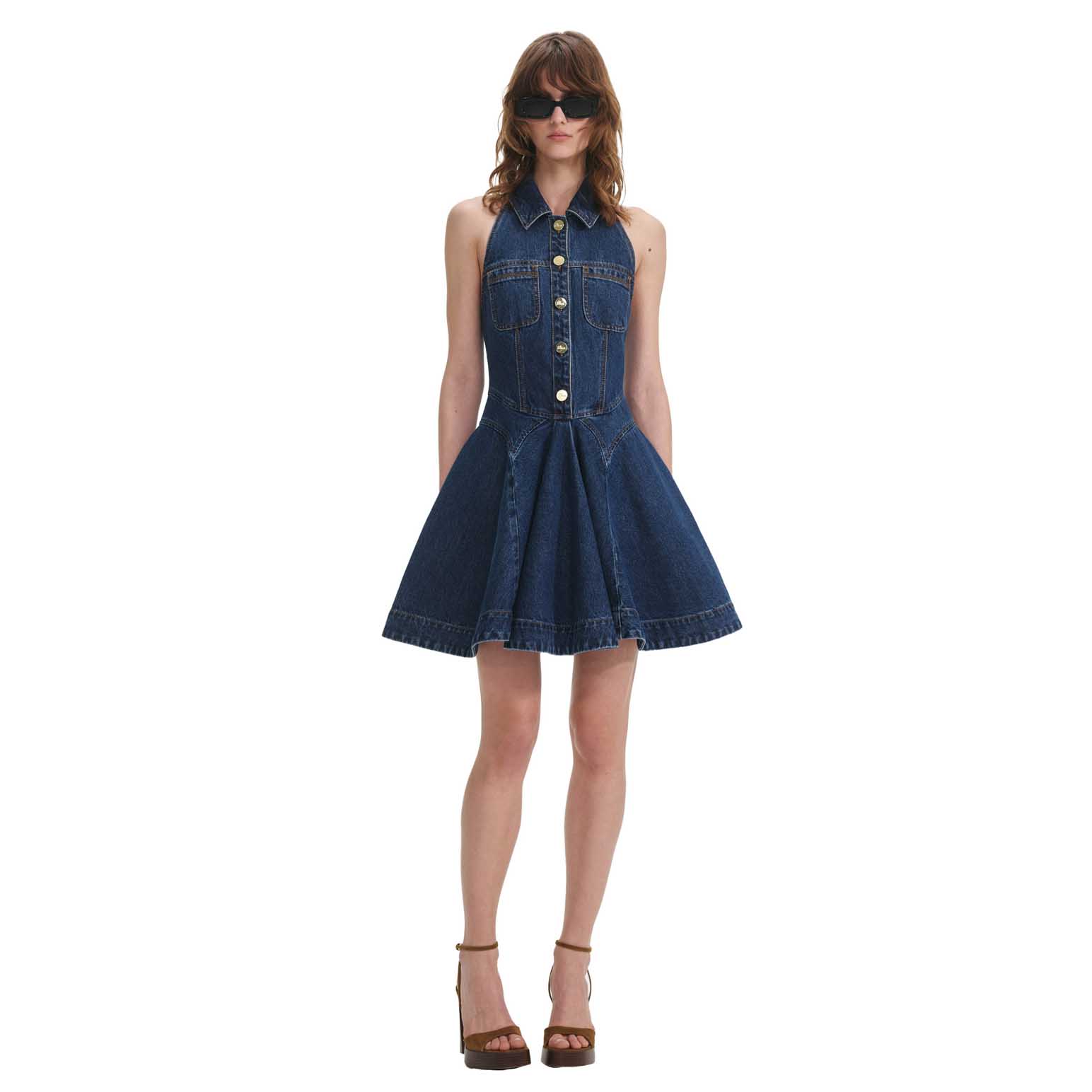 Self Portrait Denim Sleeveless Flared Mini Dress