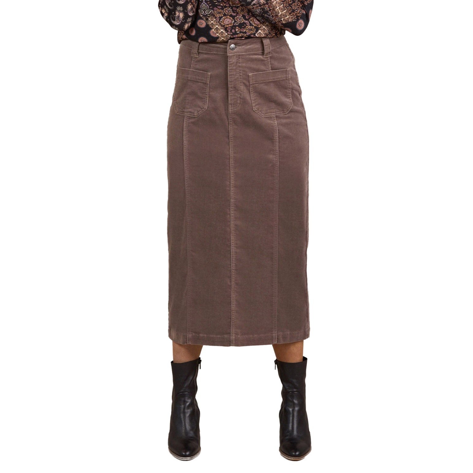 Vassalli Mid Length Cord Skirt With Front Panel Seams