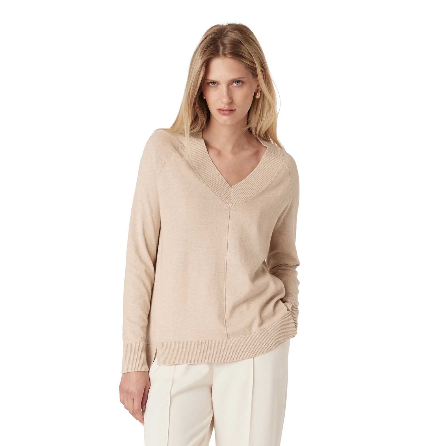 Cable Cotton Cashmere V Neck Jumper