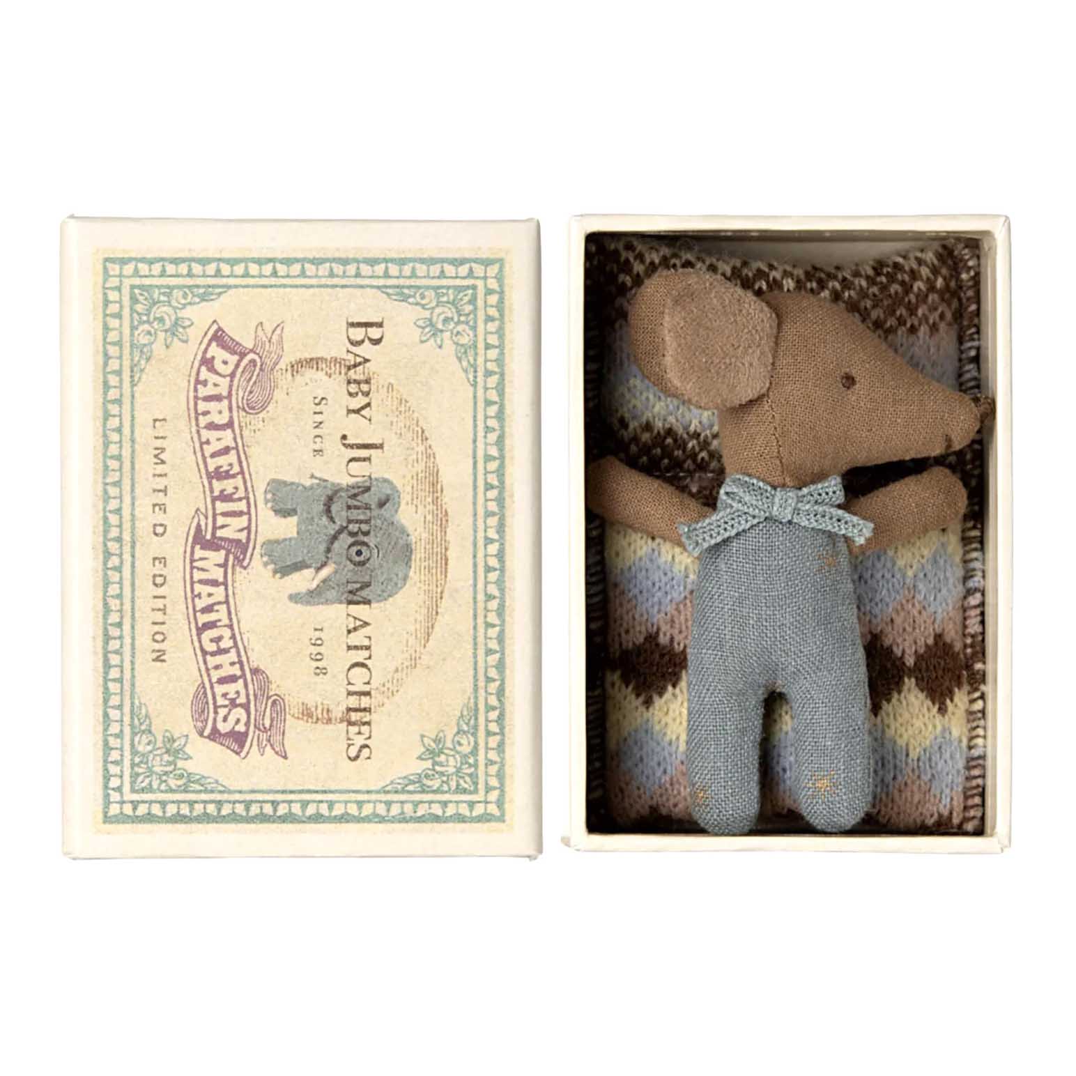 Maileg Sleepy Wakey Baby Mouse In Matchbox Blue 2025
