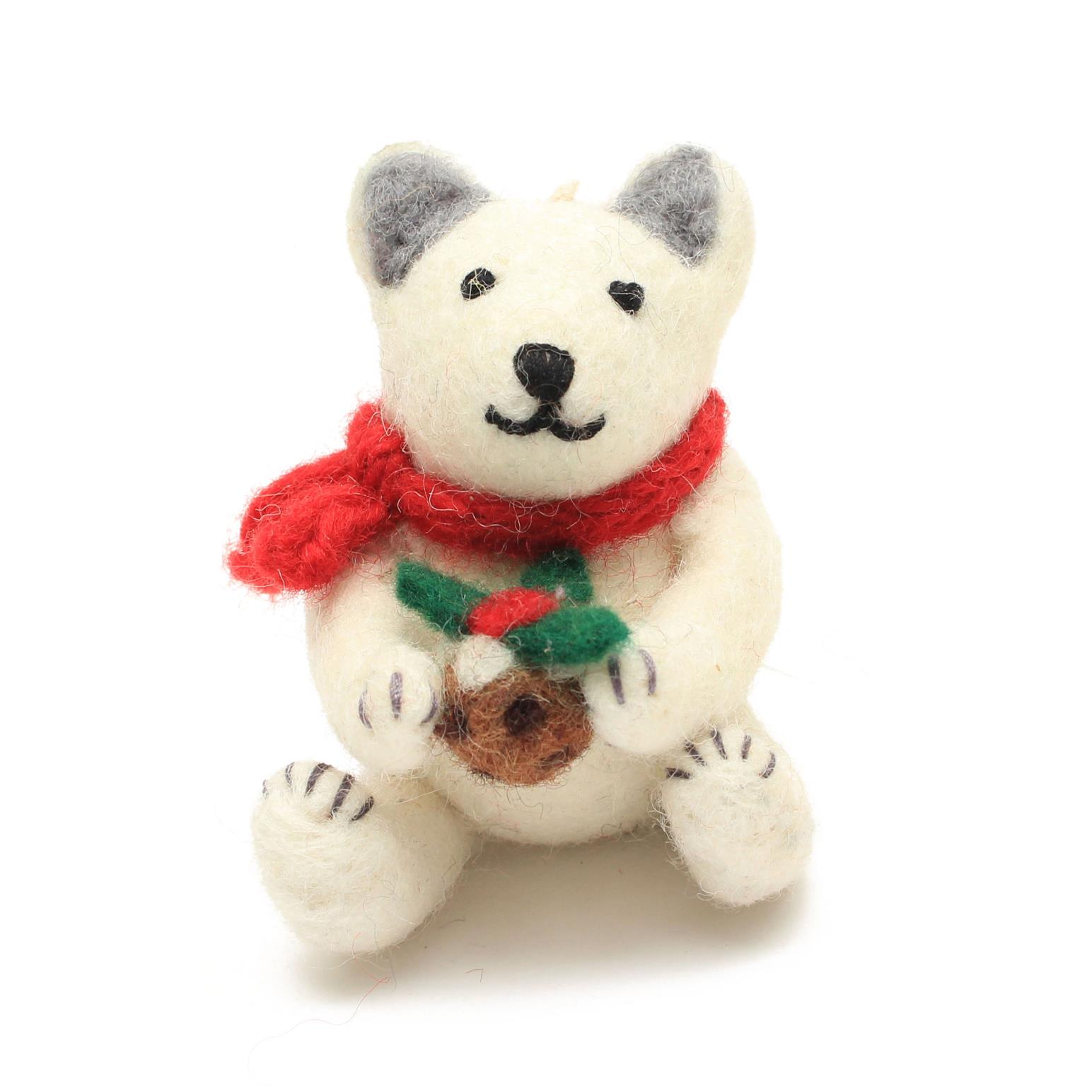 Amica Felt Polar Bear With Christmas Pudding 8cm