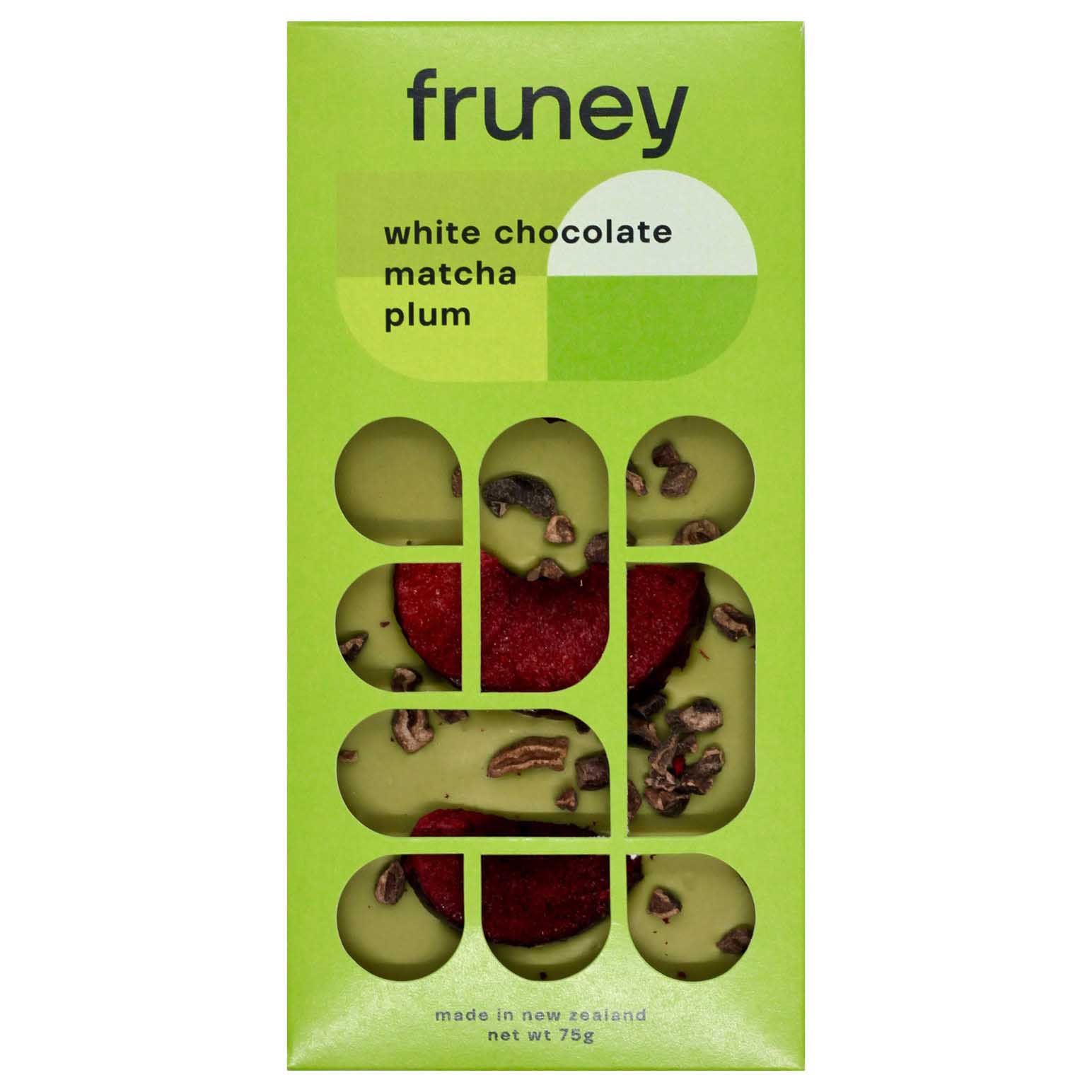 fruney handcrafted chocolate White Chocolate Matcha Plums & Dark Chocolate