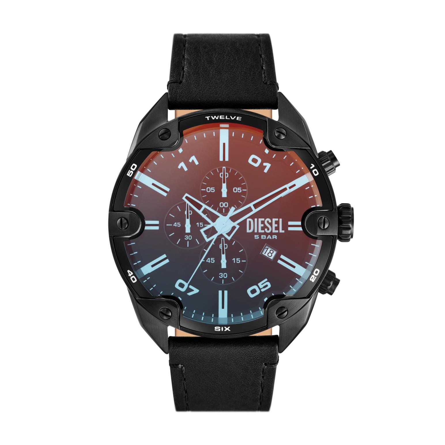 Diesel Spiked Chronograph Black Leather Watch DZ4667