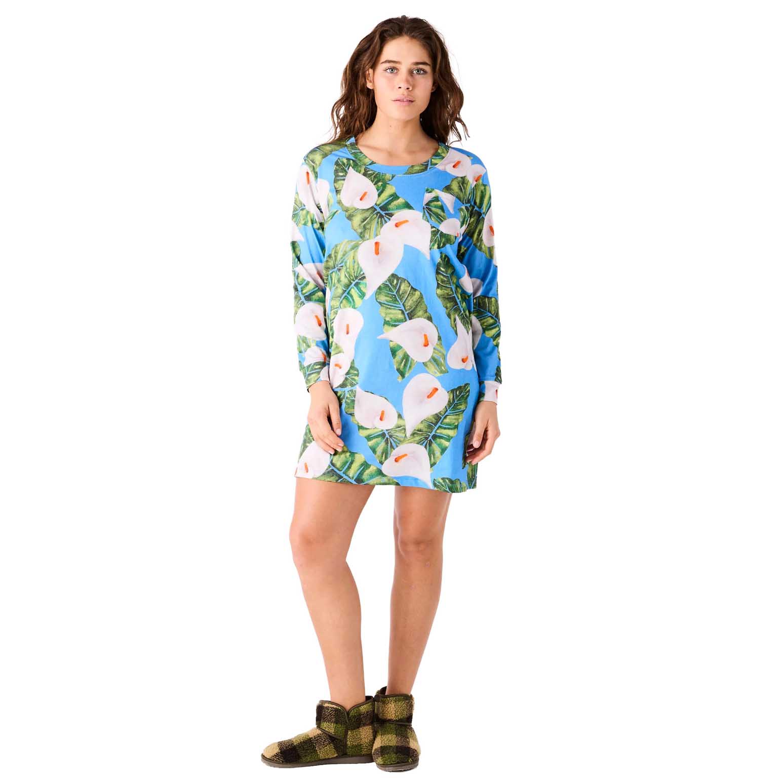 Kip&Co Lily Of The Valley Blue Organic Cotton Long Sleeve Nightie