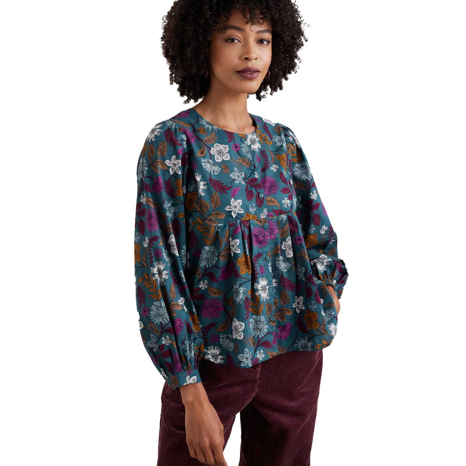 Seasalt Cornwall Thornapple Shirt Woodblock Bloom Dusky Jade