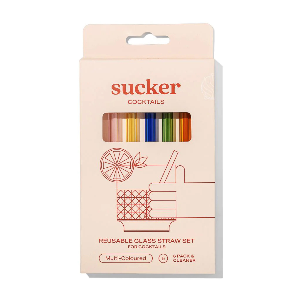 Sucker Cocktail Glass Drinking Straws 6 Pack - Multi Colour